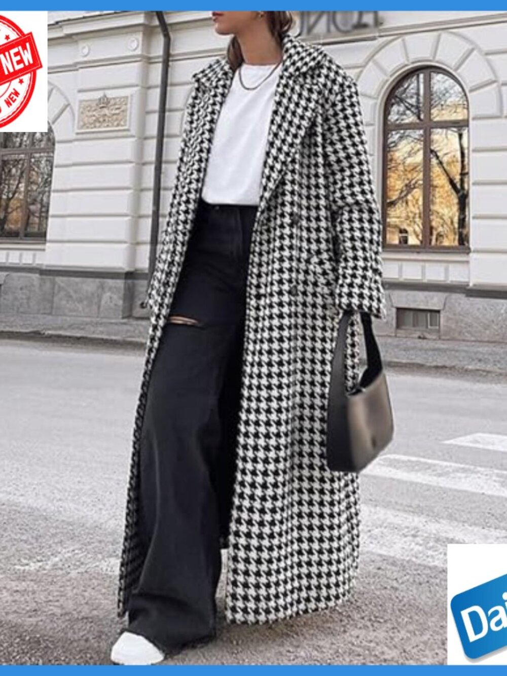 Women's Houndstooth Trench Coat Double Breasted Belted Long Overcoat - Picture 3 of 6